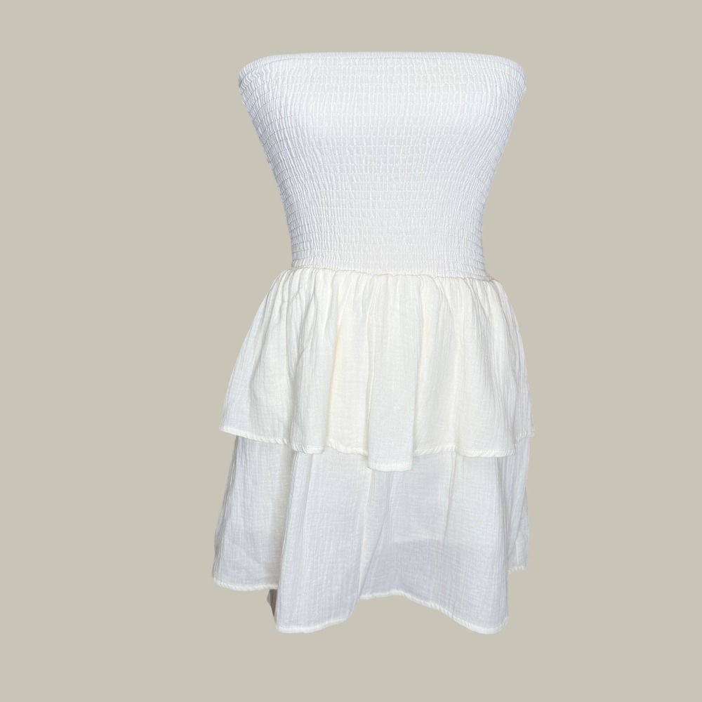 Commense Off White Smock Tube Dress Tiered Ruffle Cotton Gauze Mini Beach Boho